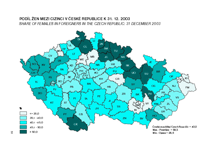 Kart. 2 Podíl žen mezi cizinci v České republice k 31. 12. 2003